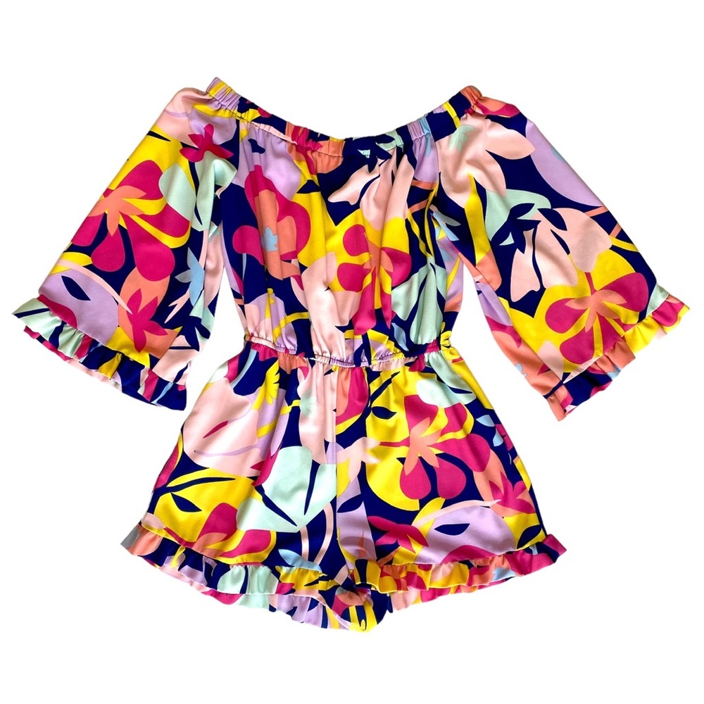 Laundry By Shelli Segal Jumpsuit Romper Floral Abstract with Ruffle Trim Size 8